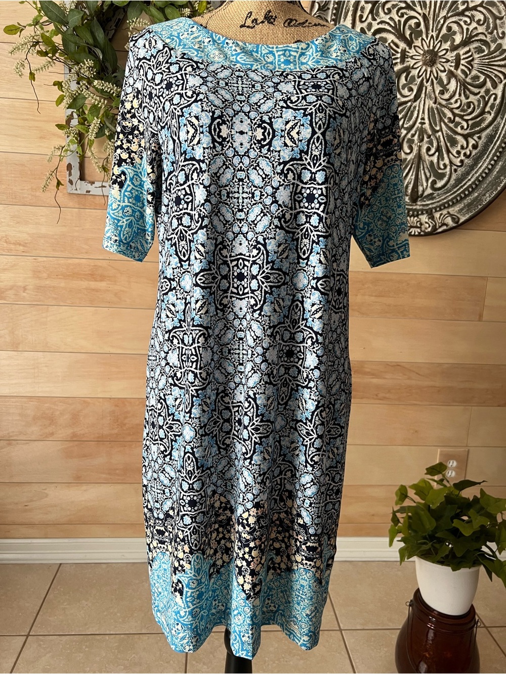 Fever Blue and Cream Printed Dress Size Medium